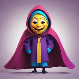 A joyful cartoon character donning a mysterious mask and a vibrant cloak.