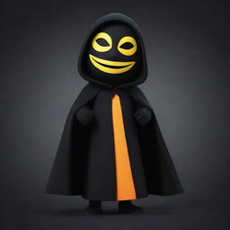 A joyful cartoon character wearing a mysterious mask and a vibrant cloak, all in shades of black.