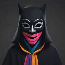 A joyful cartoon character wearing a mysterious mask and a vibrant cloak, all in shades of black.