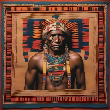 In an exhibition showcasing indigenous cultures, a painting captures the intricate patterns and vibrant colors of a breechcloth worn by a tribal chief.
