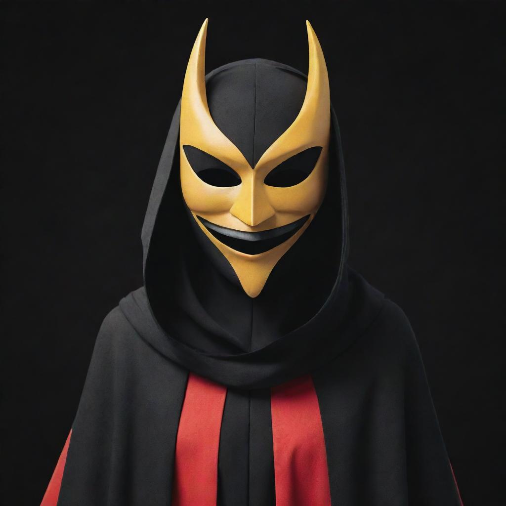 A joyful cartoon character wearing a mysterious mask and a vibrant cloak, all in shades of black.