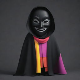 A joyful cartoon character wearing a mysterious mask and a vibrant cloak, all in shades of black.