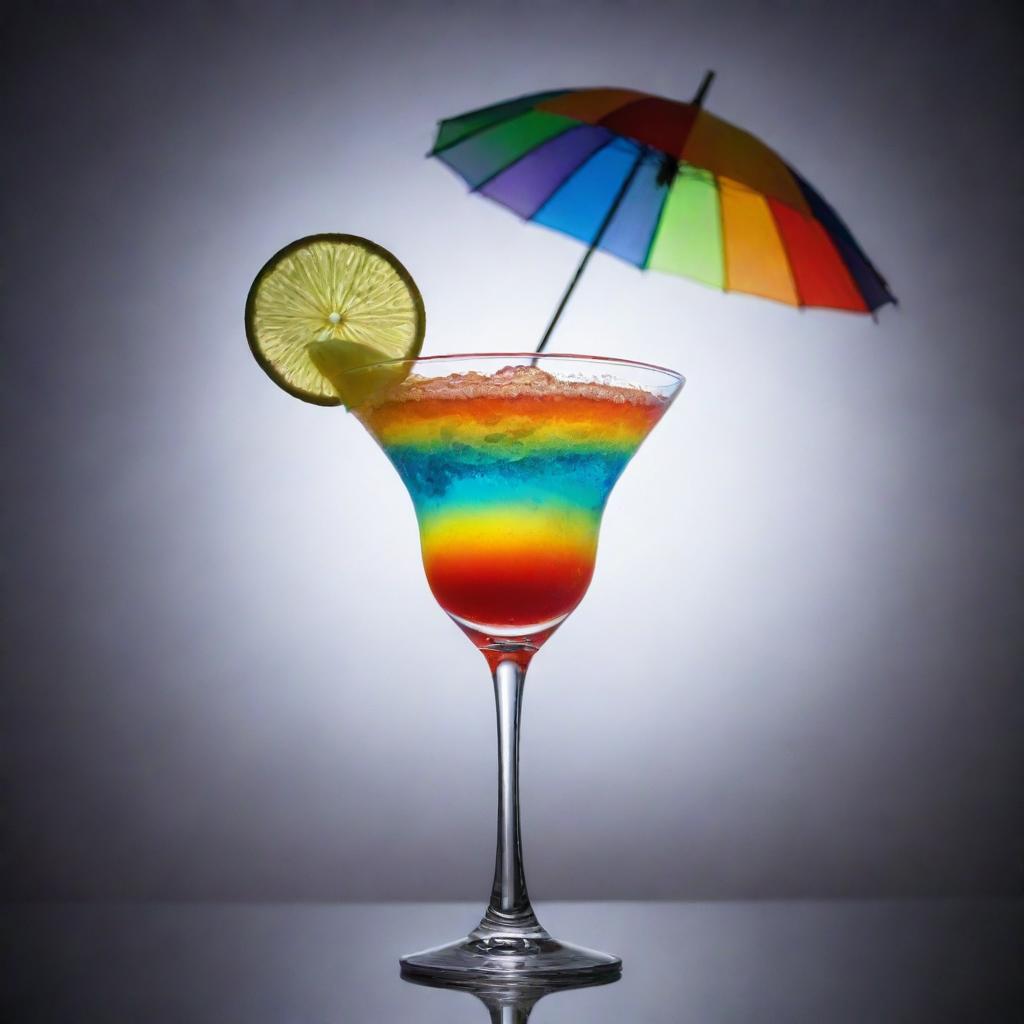 A visually striking high-quality image of a cocktail glass filled with a colorful mixed drink, adorned with a slice of lime and a mini umbrella. There is a soft light reflecting off the glass.