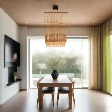 The minimalist aesthetic of the house is complemented by a unique chandelier made of matchsticks, adding a touch of creativity to the interior design.