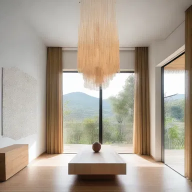 The minimalist aesthetic of the house is complemented by a unique chandelier made of matchsticks, adding a touch of creativity to the interior design.