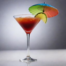 A visually striking high-quality image of a cocktail glass filled with a colorful mixed drink, adorned with a slice of lime and a mini umbrella. There is a soft light reflecting off the glass.