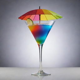 A visually striking high-quality image of a cocktail glass filled with a colorful mixed drink, adorned with a slice of lime and a mini umbrella. There is a soft light reflecting off the glass.