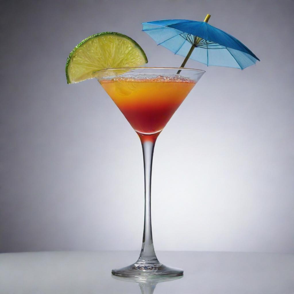 A visually striking high-quality image of a cocktail glass filled with a colorful mixed drink, adorned with a slice of lime and a mini umbrella. There is a soft light reflecting off the glass.