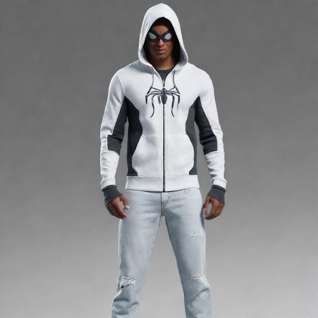 Spider-Man with a white suit, black detailing, wearing a grey zip-up hoodie with the hood on, torn jeans revealing part of his suit, and Nike shoes