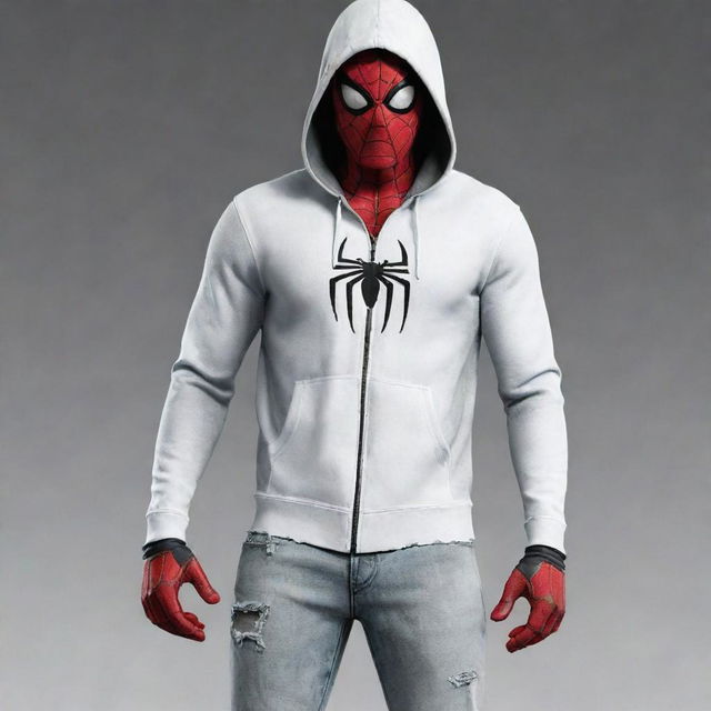 Spider-Man with a white suit, black detailing, wearing a grey zip-up hoodie with the hood on, torn jeans revealing part of his suit, and Nike shoes