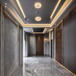 A rectangular hall featuring marble grey tiles, a wooden gate, windows, classy light grey walls. A dark charcoal grey sofa is present along with a two-level rectangle fall ceiling beaming with natural white and cool white light. There is a TV unit on the gate wall, an aesthetic wall painting, windows adorned with curtains, and two wooden fans.