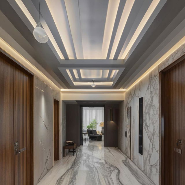 A rectangular hall featuring marble grey tiles, a wooden gate, windows, classy light grey walls. A dark charcoal grey sofa is present along with a two-level rectangle fall ceiling beaming with natural white and cool white light. There is a TV unit on the gate wall, an aesthetic wall painting, windows adorned with curtains, and two wooden fans.