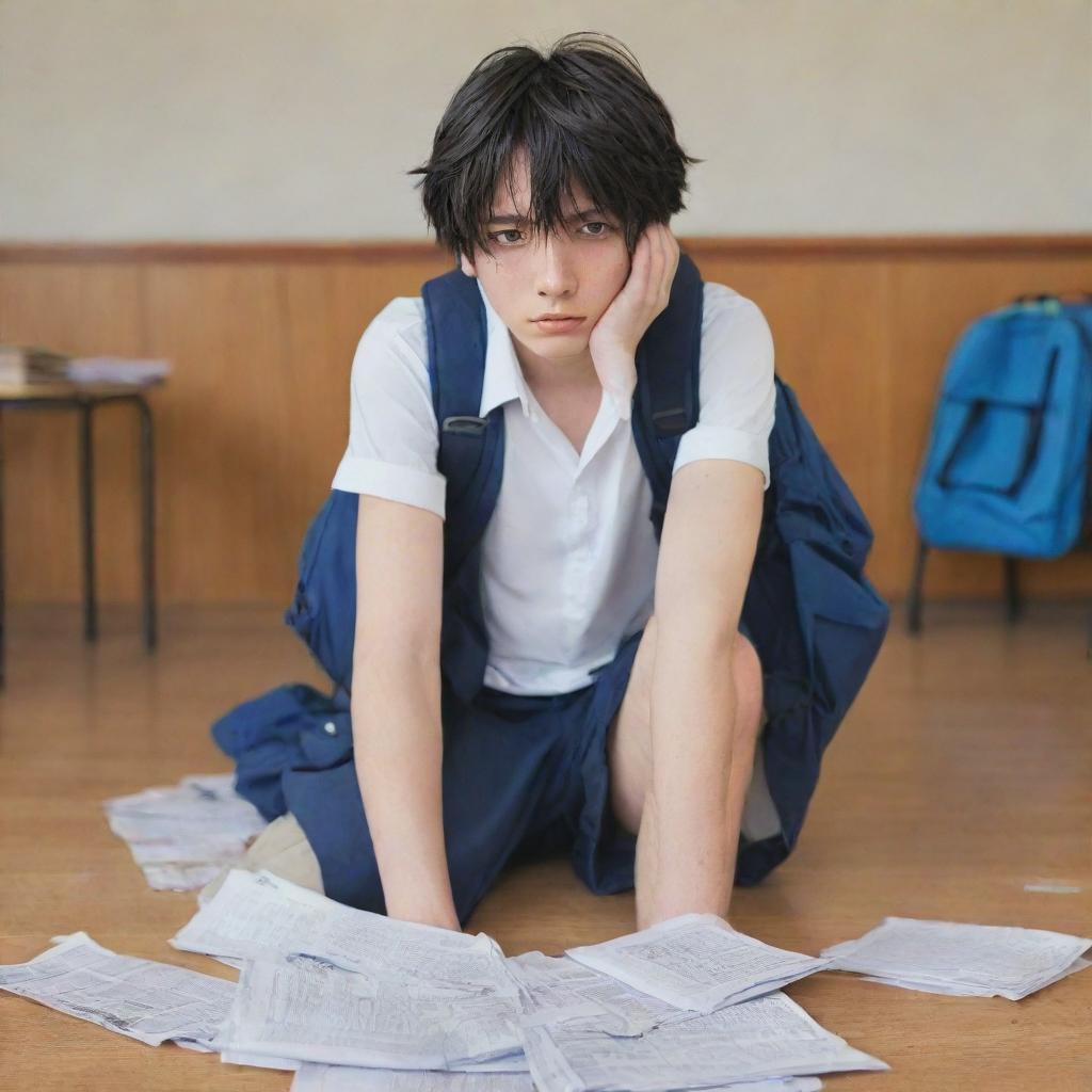 A male anime character with a dejected expression, in a school setting with crumpled paper and school bags scattered around him, suggesting he's being bullied