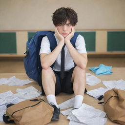 A male anime character with a dejected expression, in a school setting with crumpled paper and school bags scattered around him, suggesting he's being bullied