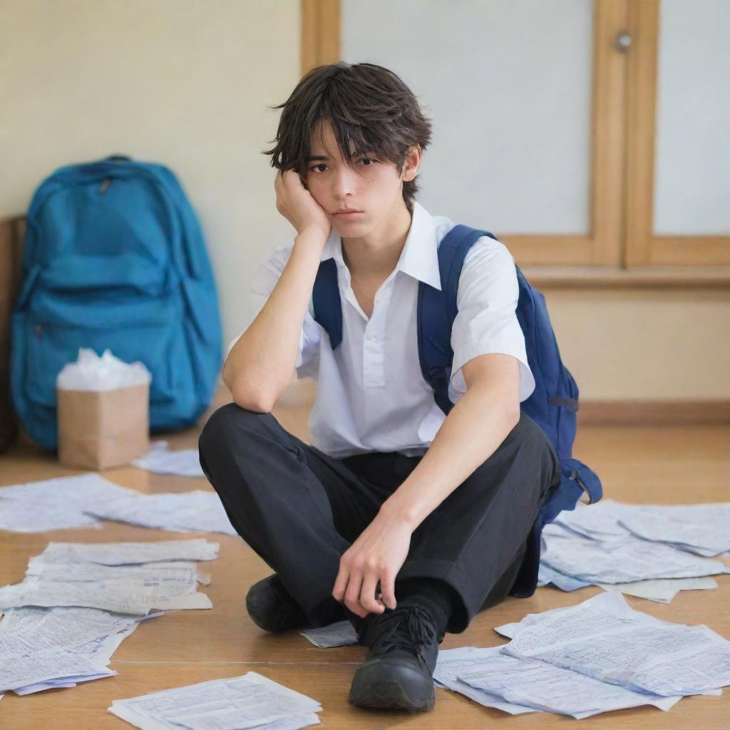 A male anime character with a dejected expression, in a school setting with crumpled paper and school bags scattered around him, suggesting he's being bullied