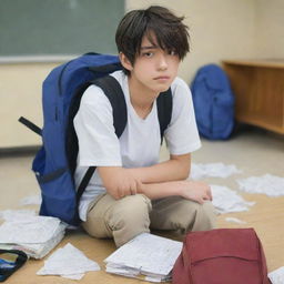 A male anime character with a dejected expression, in a school setting with crumpled paper and school bags scattered around him, suggesting he's being bullied