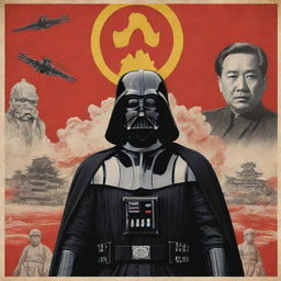 An image blending Star Wars and Maoist propaganda aesthetics, with Darth Vader in place of Mao. Incorporate both Imperial Stormtroopers and traditional Chinese workers into the design.