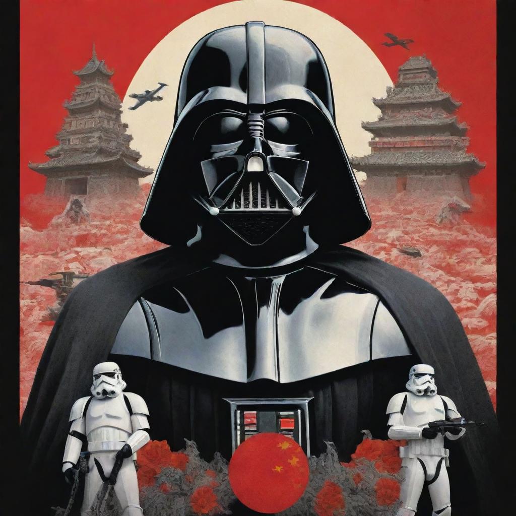 An image blending Star Wars and Maoist propaganda aesthetics, with Darth Vader in place of Mao. Incorporate both Imperial Stormtroopers and traditional Chinese workers into the design.