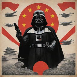 An image blending Star Wars and Maoist propaganda aesthetics, with Darth Vader in place of Mao. Incorporate both Imperial Stormtroopers and traditional Chinese workers into the design.