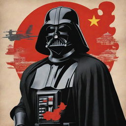 An image blending Star Wars and Maoist propaganda aesthetics, with Darth Vader in place of Mao. Incorporate both Imperial Stormtroopers and traditional Chinese workers into the design.