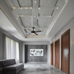 A rectangular hall featuring marble grey tiles, a wooden gate, windows, classy light grey walls. A dark charcoal grey sofa is present along with a two-level rectangle fall ceiling beaming with natural white and cool white light. There is a TV unit on the gate wall, an aesthetic wall painting, windows adorned with curtains, and two wooden fans.