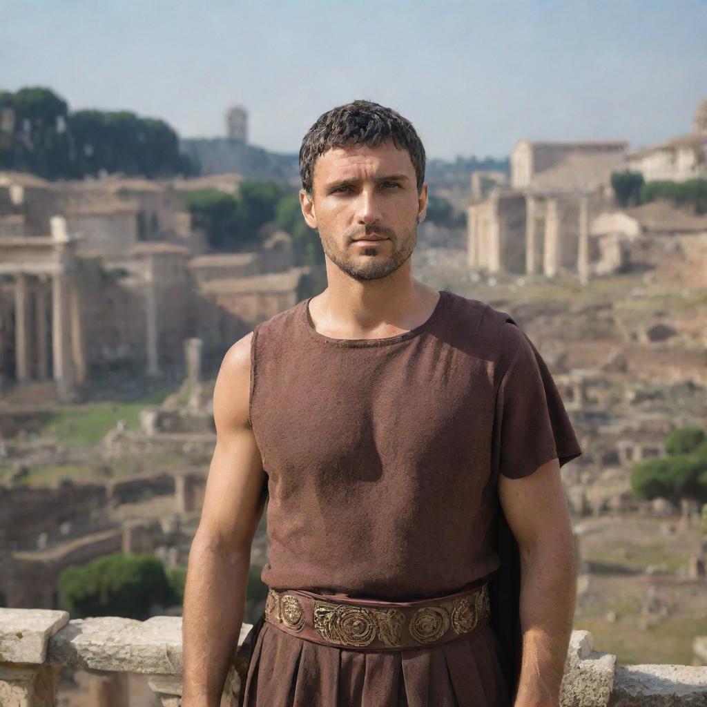 A refined looking man named Sardônio, with ancient Roman attire, standing proudly with a backdrop of a bustling Roman forum.