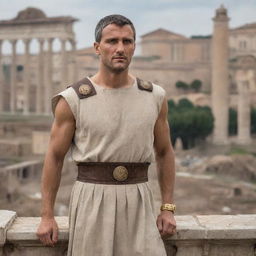 A refined looking man named Sardônio, with ancient Roman attire, standing proudly with a backdrop of a bustling Roman forum.