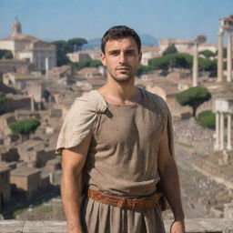 A refined looking man named Sardônio, with ancient Roman attire, standing proudly with a backdrop of a bustling Roman forum.