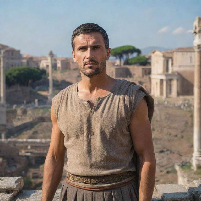 A refined looking man named Sardônio, with ancient Roman attire, standing proudly with a backdrop of a bustling Roman forum.