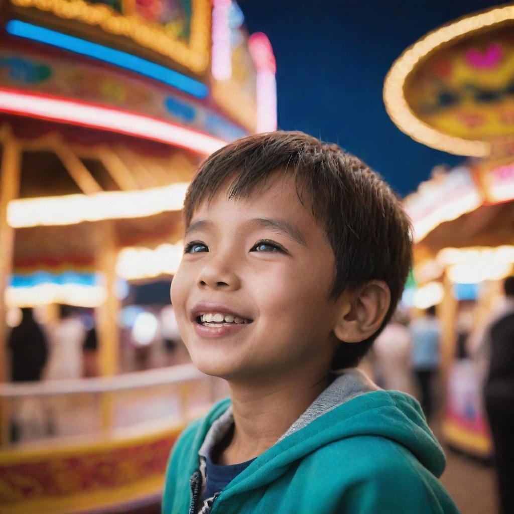 A joyful boy engrossed in the vibrant atmosphere of a bustling fair, replete with colorful lights, rides and stalls.