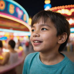 A joyful boy engrossed in the vibrant atmosphere of a bustling fair, replete with colorful lights, rides and stalls.