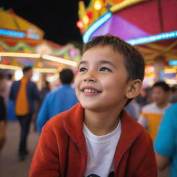 A joyful boy engrossed in the vibrant atmosphere of a bustling fair, replete with colorful lights, rides and stalls.