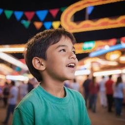 A joyful boy engrossed in the vibrant atmosphere of a bustling fair, replete with colorful lights, rides and stalls.