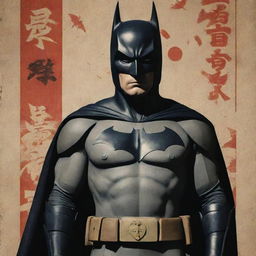 A mixed aesthetic poster combining Batman and Imperial Japanese propaganda elements, with Batman replacing the main figure. The design incorporates both Japanese Imperial Soldiers and traditional Samurai warriors.