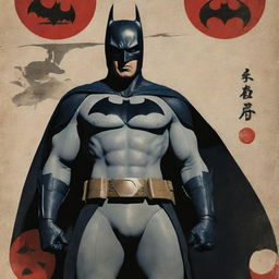 A mixed aesthetic poster combining Batman and Imperial Japanese propaganda elements, with Batman replacing the main figure. The design incorporates both Japanese Imperial Soldiers and traditional Samurai warriors.