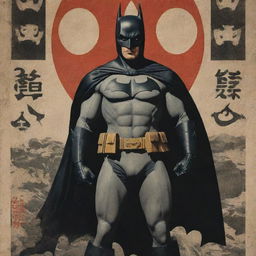 A mixed aesthetic poster combining Batman and Imperial Japanese propaganda elements, with Batman replacing the main figure. The design incorporates both Japanese Imperial Soldiers and traditional Samurai warriors.