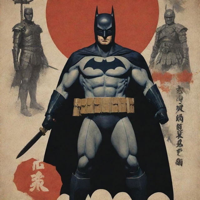 A mixed aesthetic poster combining Batman and Imperial Japanese propaganda elements, with Batman replacing the main figure. The design incorporates both Japanese Imperial Soldiers and traditional Samurai warriors.