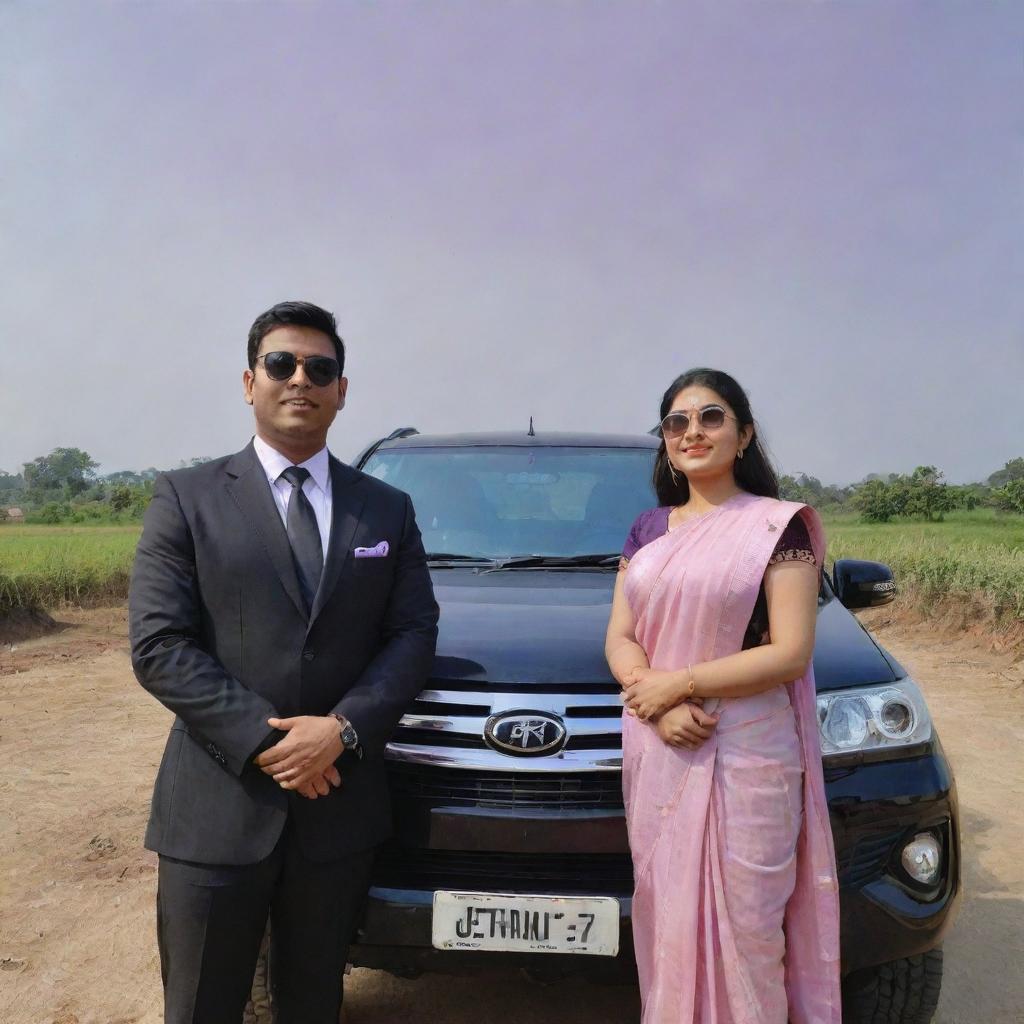 A young couple named Inoxy and Garima standing next to a white Fortuner. Inoxy, in a black suit, and Garima, in a lavender-red saree, are both wearing sunglasses. Their names appear in the sky with a love symbol.