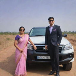 A young couple named Inoxy and Garima standing next to a white Fortuner. Inoxy, in a black suit, and Garima, in a lavender-red saree, are both wearing sunglasses. Their names appear in the sky with a love symbol.