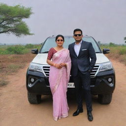 A young couple named Inoxy and Garima standing next to a white Fortuner. Inoxy, in a black suit, and Garima, in a lavender-red saree, are both wearing sunglasses. Their names appear in the sky with a love symbol.