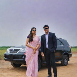 A young couple named Inoxy and Garima standing next to a white Fortuner. Inoxy, in a black suit, and Garima, in a lavender-red saree, are both wearing sunglasses. Their names appear in the sky with a love symbol.