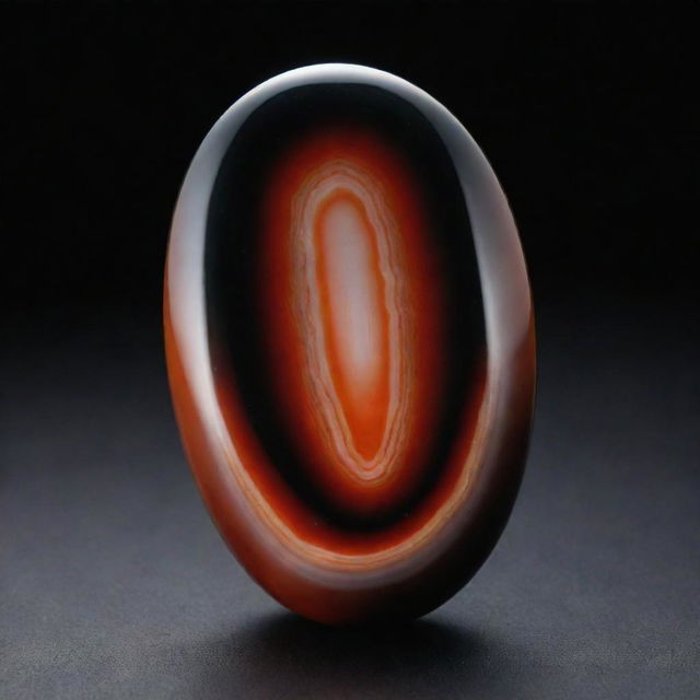 A polished Sardonyx stone shining brilliantly on a pitch black background.