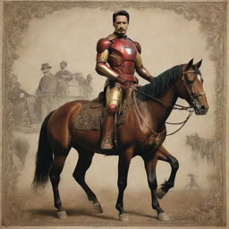 A poster blending Iron Man and 19th-century Argentinian imagery with Iron Man replacing the main figure. Incorporate Gauchos riding horses into the composition.