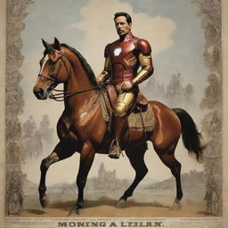 A poster blending Iron Man and 19th-century Argentinian imagery with Iron Man replacing the main figure. Incorporate Gauchos riding horses into the composition.