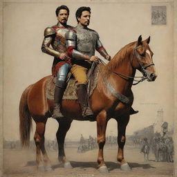 A poster blending Iron Man and 19th-century Argentinian imagery with Iron Man replacing the main figure. Incorporate Gauchos riding horses into the composition.