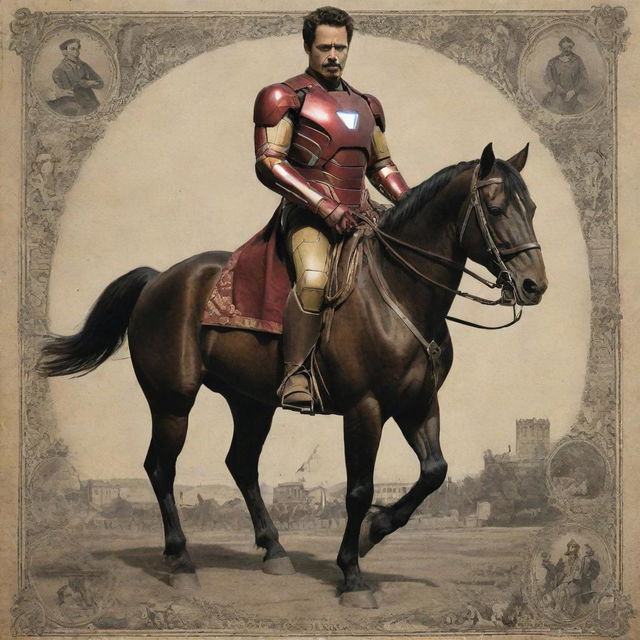 A poster blending Iron Man and 19th-century Argentinian imagery with Iron Man replacing the main figure. Incorporate Gauchos riding horses into the composition.