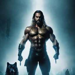 A high-contrast sci-fi poster featuring Aquaman with two cyberpunk-stylized Wolverines behind him. The backdrop is atmospheric and shrouded in fog, contributing to a somber ambiance.