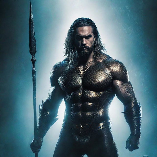 A high-contrast sci-fi poster featuring Aquaman with two cyberpunk-stylized Wolverines behind him. The backdrop is atmospheric and shrouded in fog, contributing to a somber ambiance.