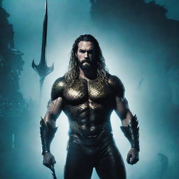 A high-contrast sci-fi poster featuring Aquaman with two cyberpunk-stylized Wolverines behind him. The backdrop is atmospheric and shrouded in fog, contributing to a somber ambiance.