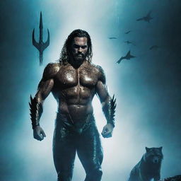 A high-contrast sci-fi poster featuring Aquaman with two cyberpunk-stylized Wolverines behind him. The backdrop is atmospheric and shrouded in fog, contributing to a somber ambiance.